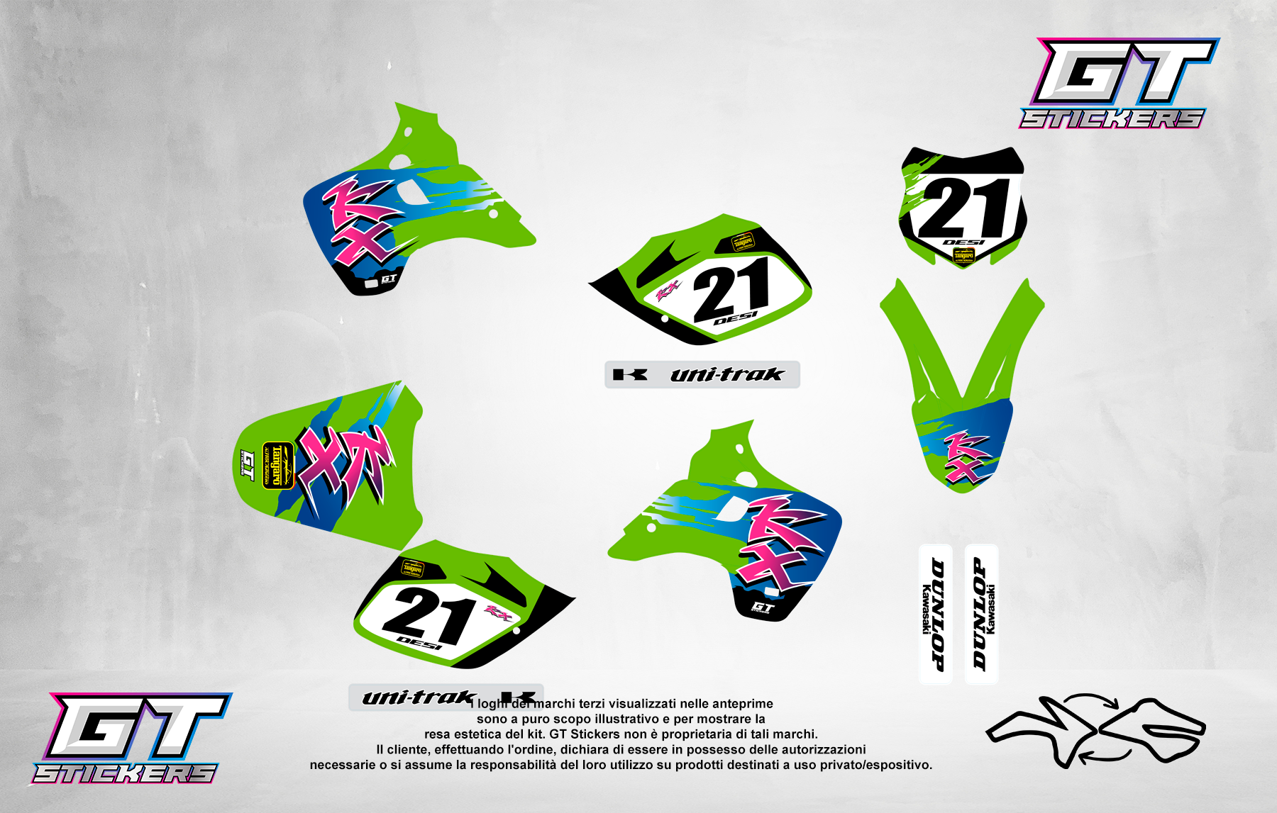 Kit Grafiche Personalizzate KAWASAKI KX KXF 65 85 125 250 450 – Forge – Crystal 0.4 mm