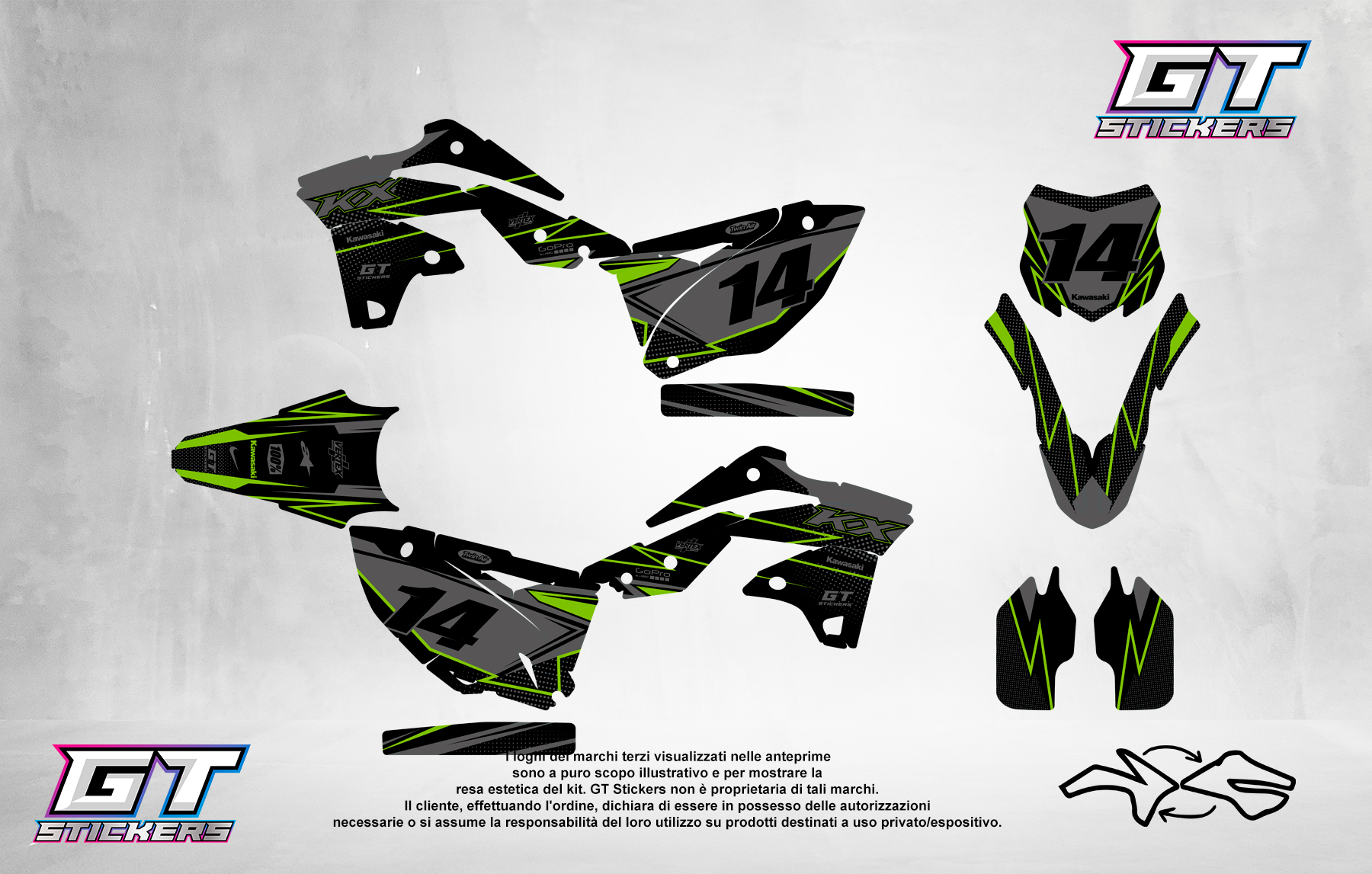 Kit Grafiche Personalizzate KAWASAKI KX KXF 65 85 125 250 450 – Inferno – Crystal 0.4 mm