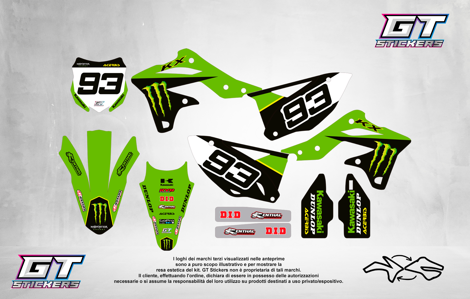 Kit Grafiche Personalizzate KAWASAKI KX KXF 65 85 125 250 450 – Maverick – Crystal 0.4 mm