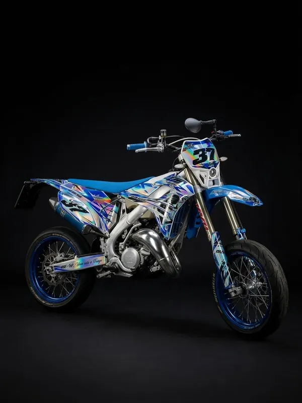 TM Racing motard con grafica olografica azzurra